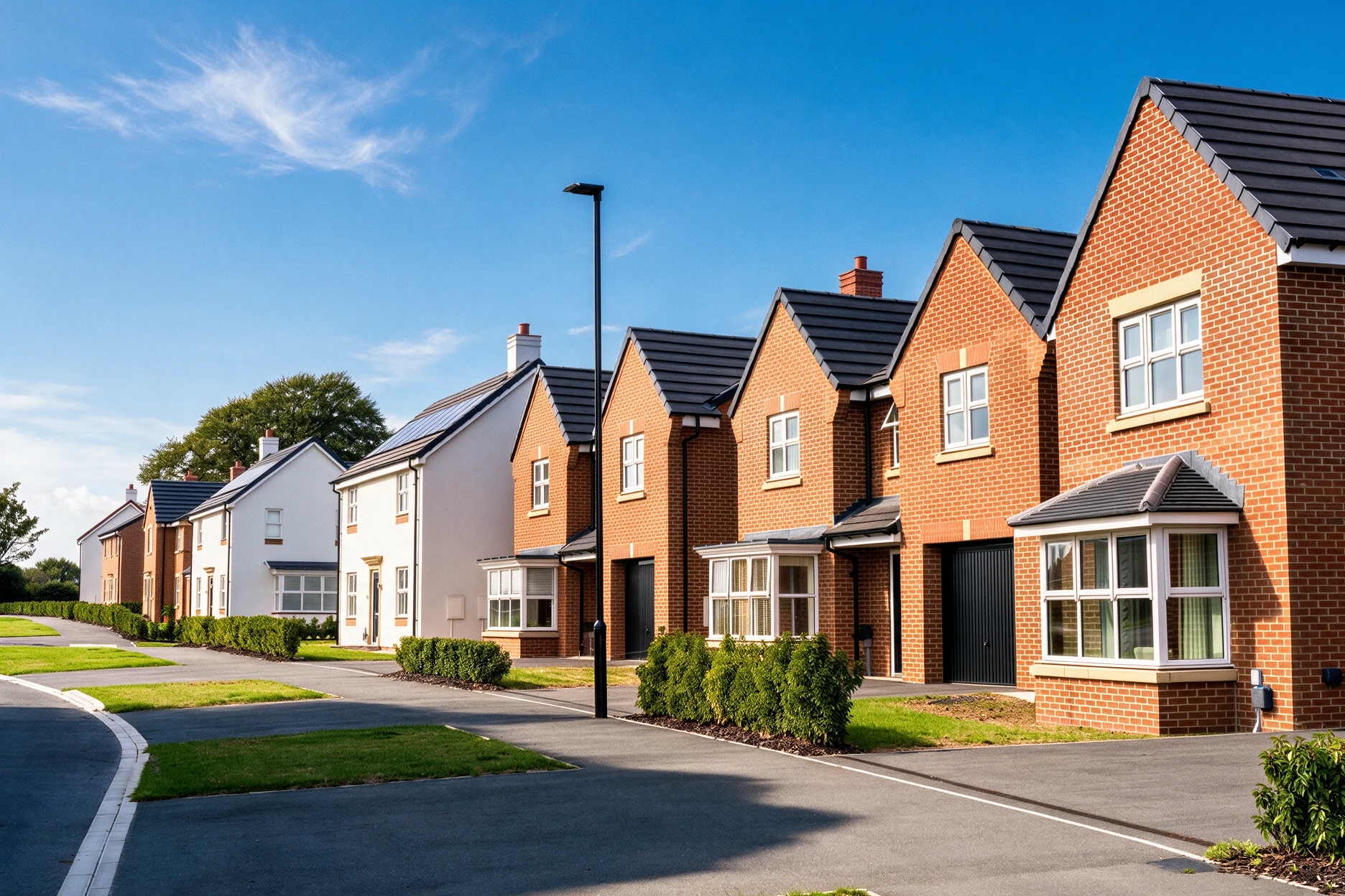 A row of red-brick British homes with landscaped front gardens